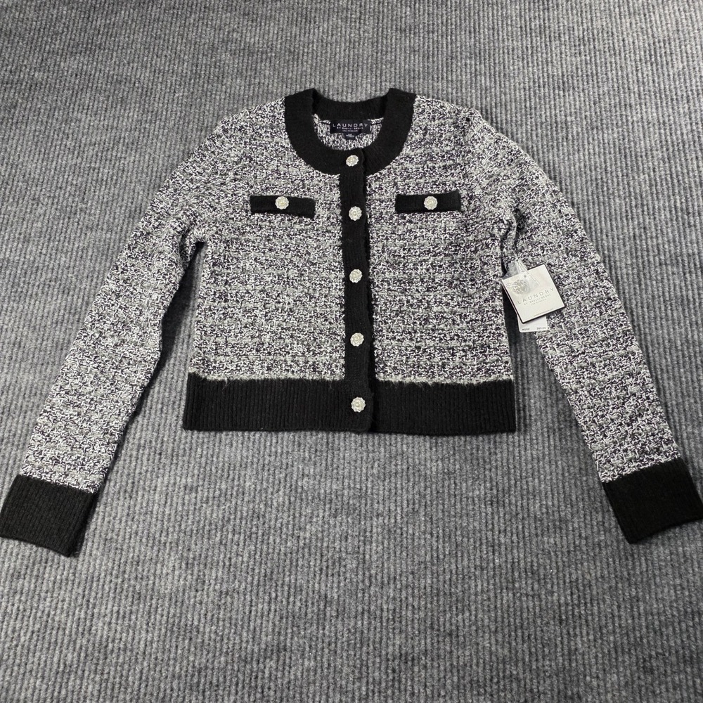 Laundry by Shelli Segal Black White Tweed Knit Cardigan Pearl Button‎ Sweater XS